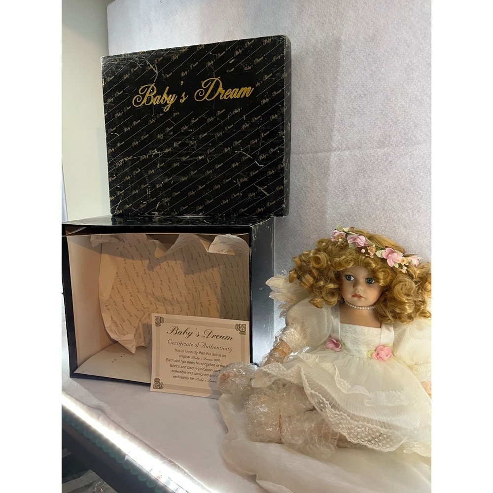 Baby's Dream Porcelain Doll‎ Blonde Curls White Lace Dress Certificate Box